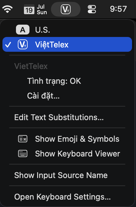 VietTelex menu in the macOS menu bar