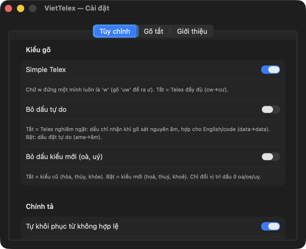 VietTelex Settings window