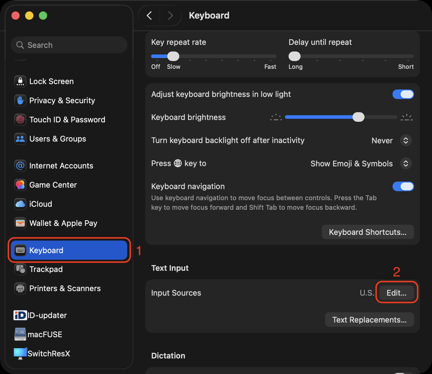 Input Sources → Edit trong System Settings