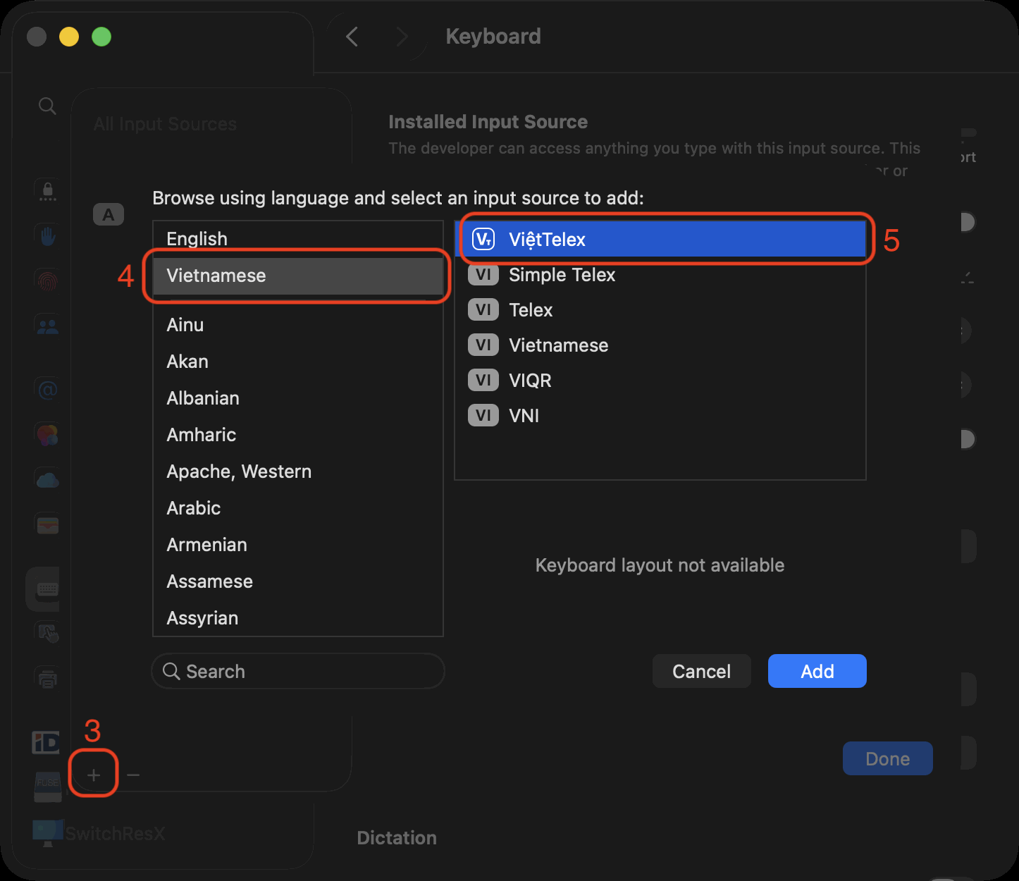 Adding ViệtTelex in Input Sources